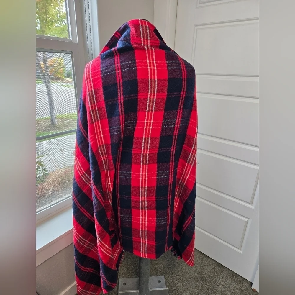LOFT OVERSIZE RED & BLUE PLAID BLANKET SCARF SHAWL WRAP COTTON BLEND WOMEN OS